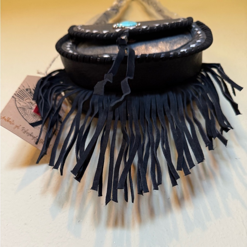 Western Black Fringe Crossbody Bag Turquoise Boho Shoulder Purse NWT - Picture 5 of 12